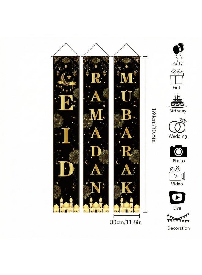 3 PCS Ramadan Kareem & Eid Mubarak Porch Banner Set, Vertical Hanging Door Sign, Islamic Party Decoration, Large Polyester Couplet for Outdoor Indoor Front Door Wall Home Decor (Black & Gold, 180 x 30 cm / 6 ft) - Image 3